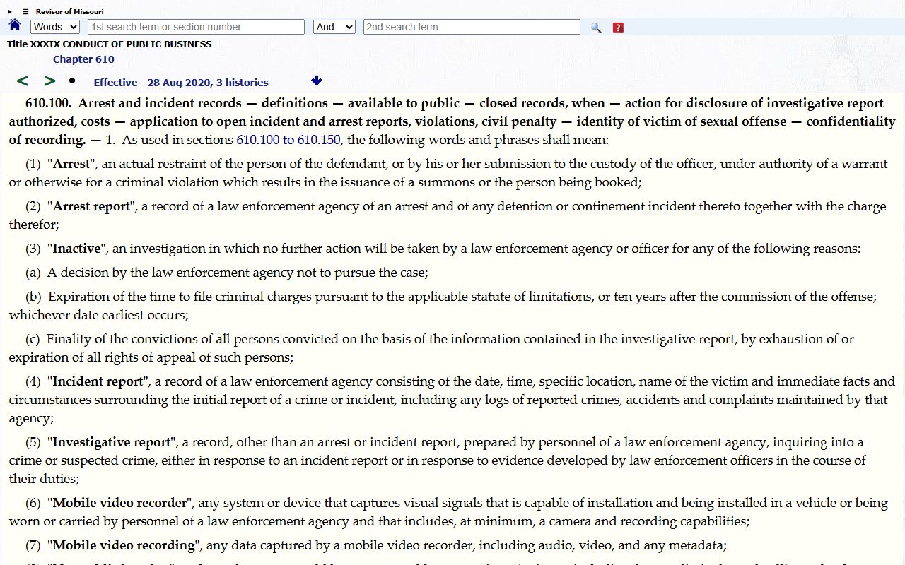 Randolph County arrest records Missouri arrest and incident records statute